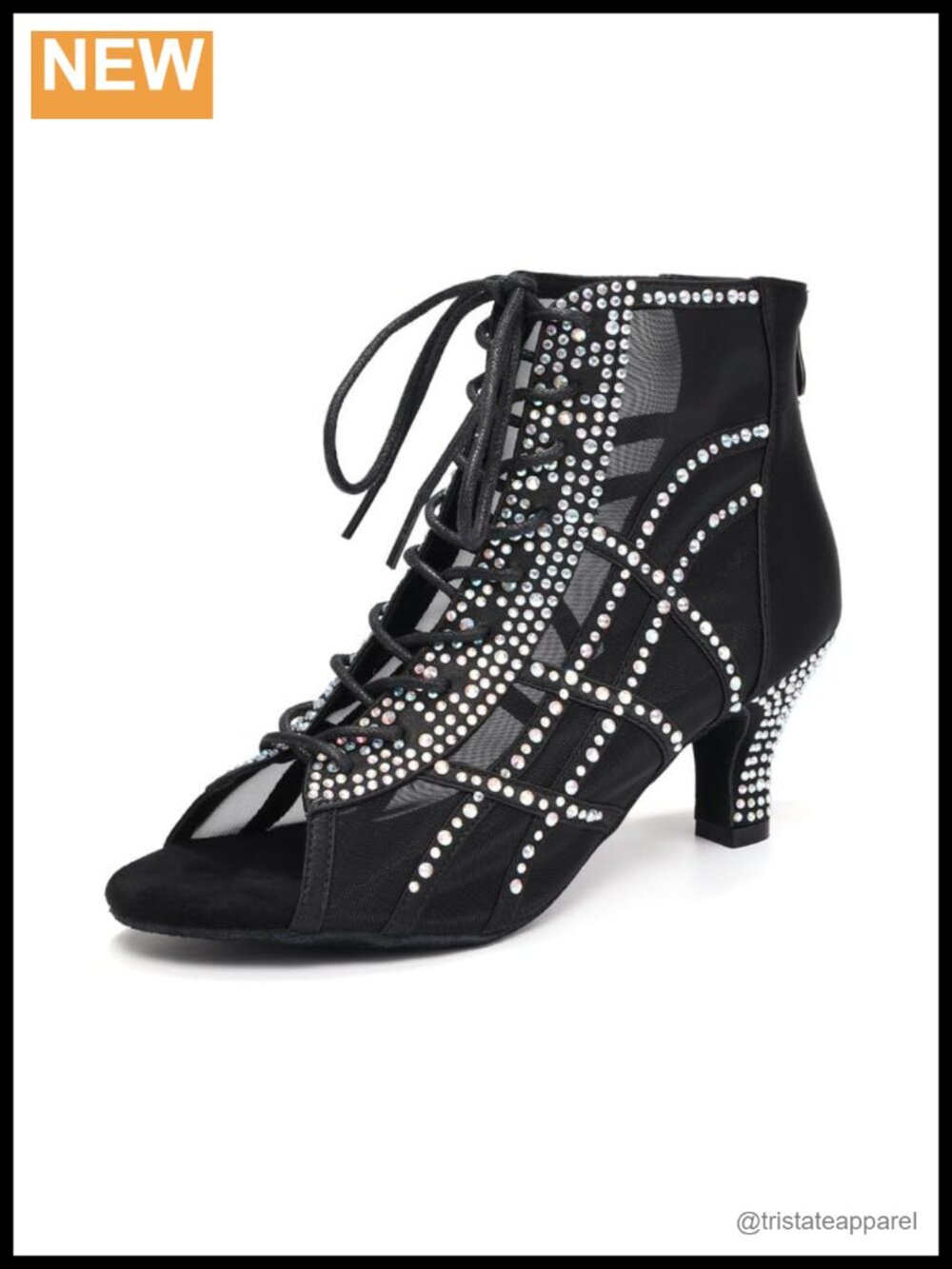 Women's Mesh Satin Rhinestone Dance Boots High Heel Suede Sole